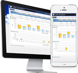 screen shots showing online pilot logbook on desktop & mobile